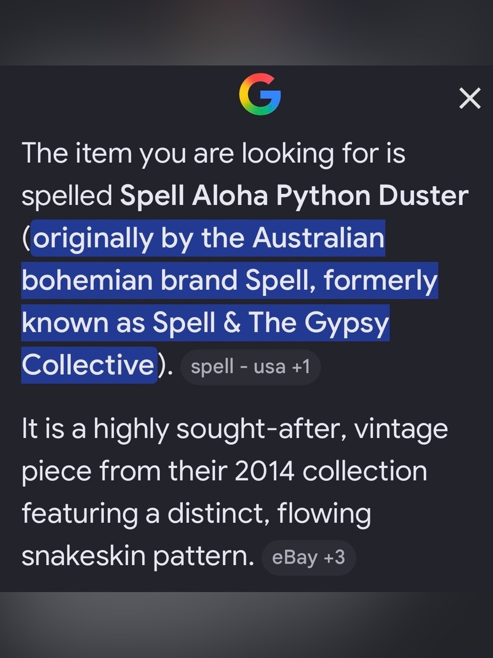 SPELL Aloha Python Duster RARE - Picture 9 of 12